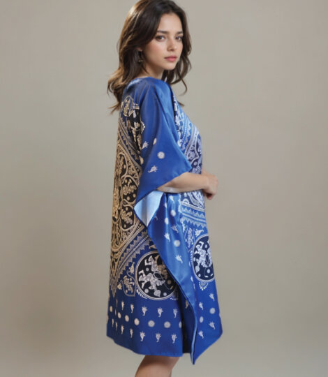 Royal Blue Kalamkari Radha Krishna Silk Pashmina Kaftan Midi Dress Free