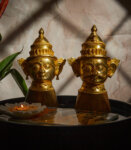 Brass Gauri Goddess Murti Idol Head Statue Figurine with Wood Base India Traditional Home Decor