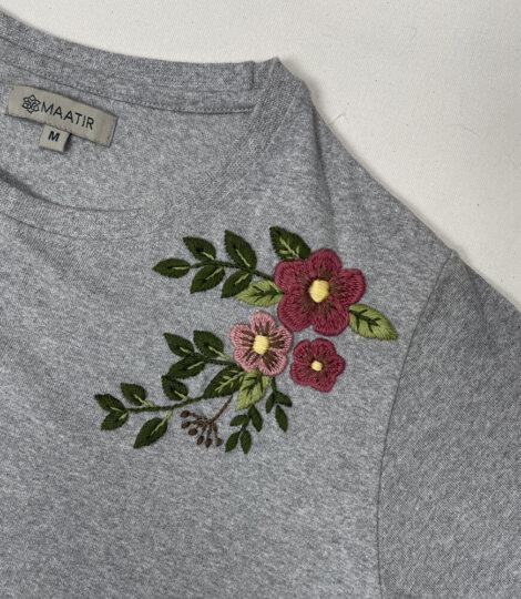 Grey Hand-embroidered Floral Shoulders T-shirt