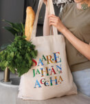 India Slogan Embroidered Canvas Shopper Cream Tote Bag