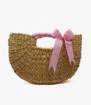 Handwoven Natural Reed Handbag, Summer Bag, Pink Ribbon on Straw Purse