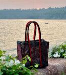 Beach Bag Hand Bag Hand Knotted Recycled Plastic Large Red Black Koodai Tote Bag