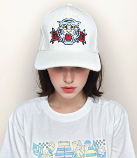 White Denim Tiger Embroidery Premium Baseball Cap