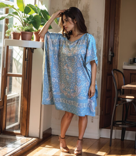 Light Blue Kalamkari Short Kaftan