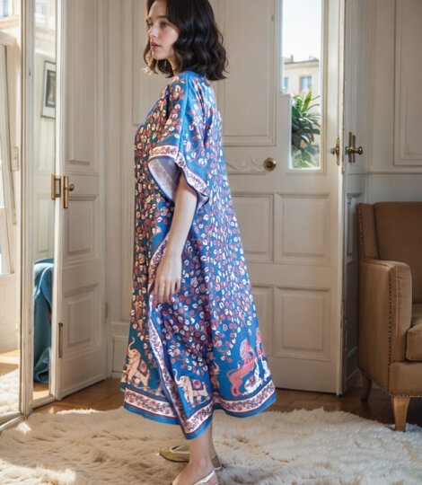 Teal Blue Kalamkari - Vegan Silk Textured Long Kaftan