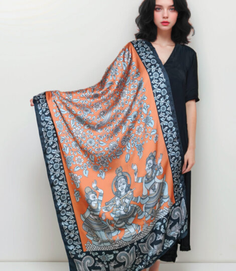 Orange Kalamkari Peacocks in a Garden Soft Vegan Silk Stole Dupatta