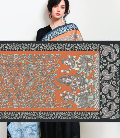 Orange Kalamkari Peacocks in a Garden Soft Vegan Silk Stole Dupatta