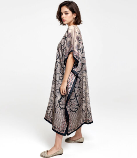 Kalamkari Horse Black & White Long Kaftan