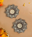 Wooden Mandala Tea Light Candle Holder Stand-Set Of 2